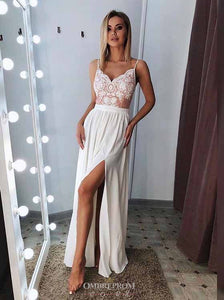 Sexy A-line Spaghetti White Long Prom Evening Dresses With Slit OP757