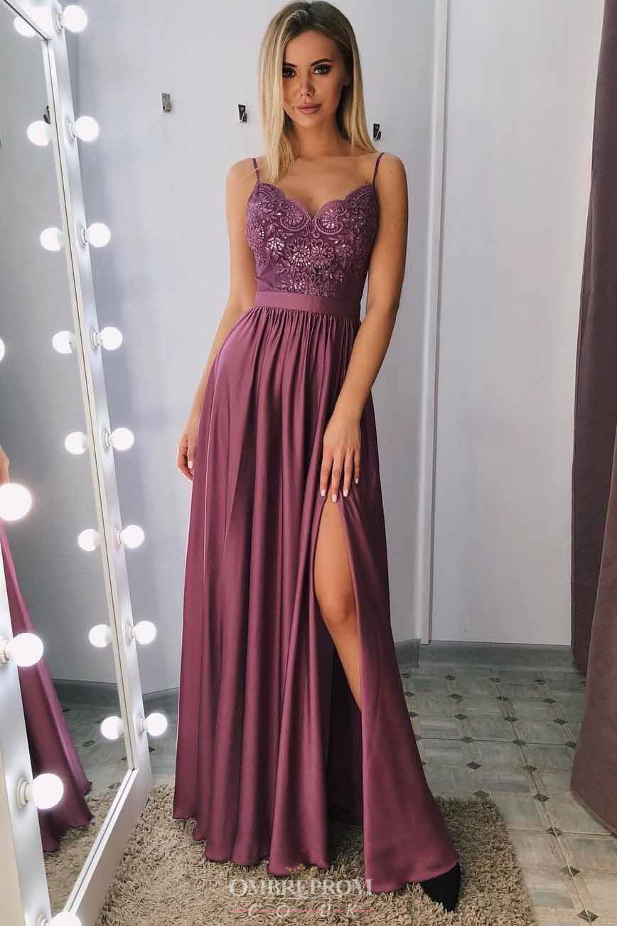 Spaghetti-straps A-line Long Prom Dress, Evening Gown With Slit OP754