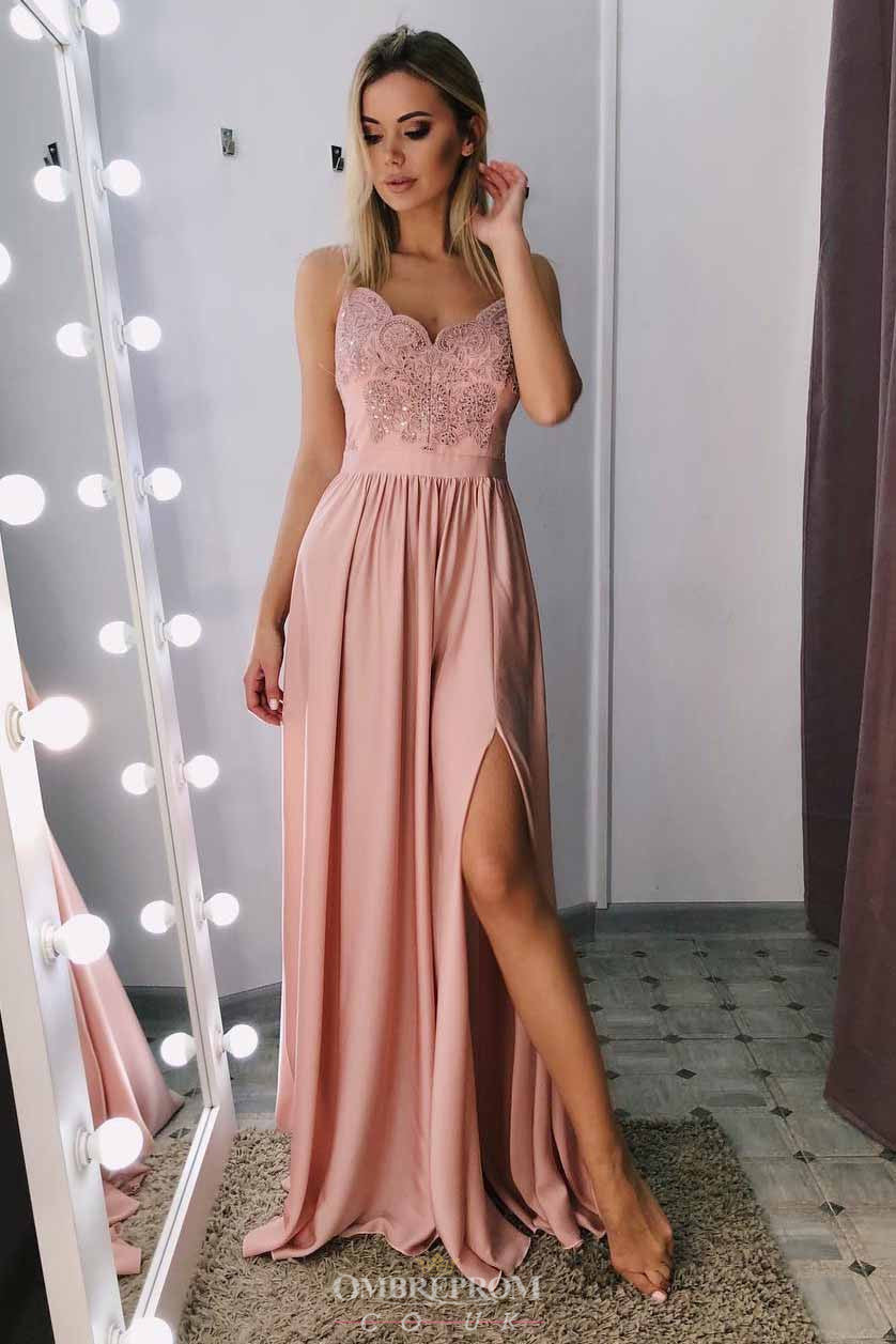 Spaghetti-straps Blush Long Prom Dress, Side Slit Evening Gown OP755