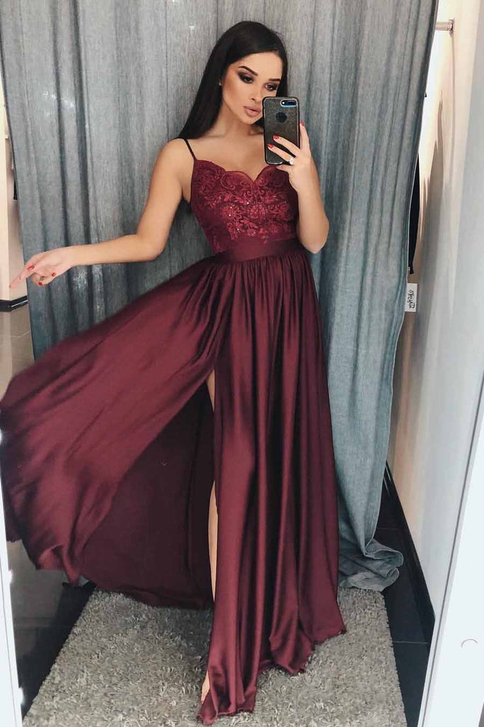 Buy Long Burgundy Prom Dresses Spaghetti A Line Appliques with Slit OP759 Buy Long Burgundy Prom Dresses Spaghetti A Line Appliques with Slit OP759