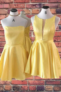 Short A-Line Yellow Sleeveless Satin Homecoming Dress