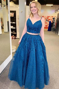 Royal Blue Sparkle Tulle Straps Appliques Two Piece Prom Dress PO435