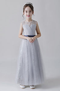A-Line Grey Sleeveless Tulle Flower Girl Dress With Beading