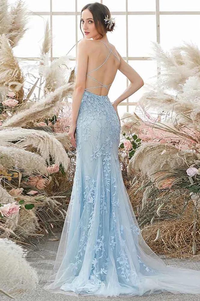 Sky Blue Long Mermaid Lace Appliques Prom Dresses Evening Party Dress OP930