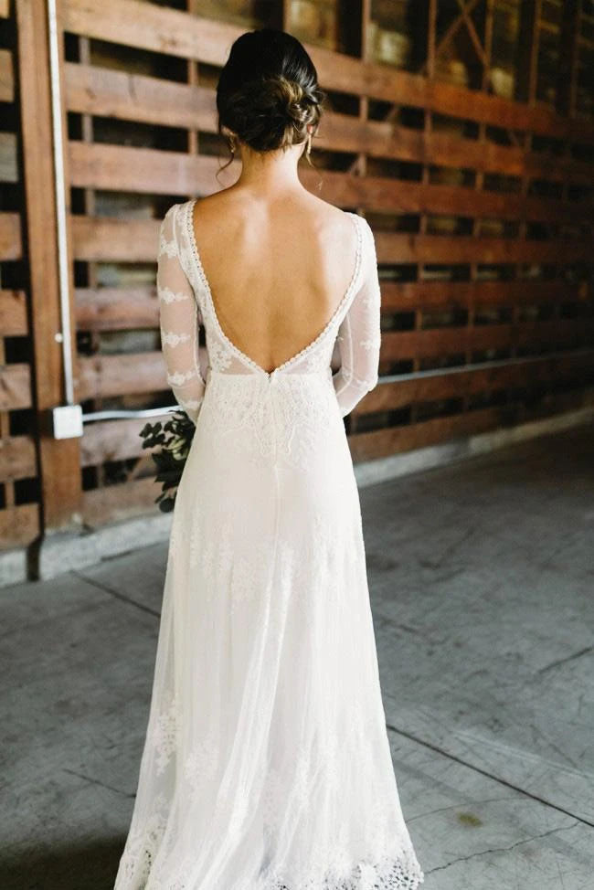 Unique Bateau Neck Long Sleeves Backless Lace Wedding Dress W712