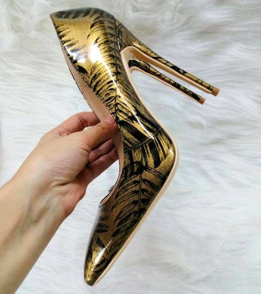 High-heels with gold and black patterns, Fashion Evening Party Shoes, yy29